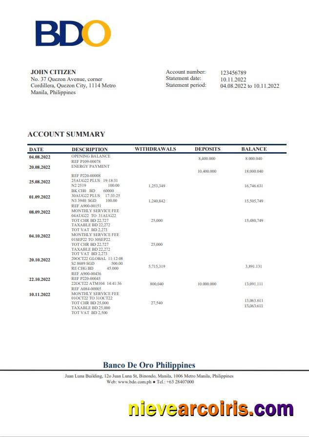 Philippines BDO bank statement